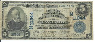 1902 $5 Fidelity National Bank & Trust Co Of Kansas City National Note; Ch 11344 photo