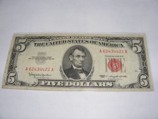 1963 $5 Uncirc.  United States Note A 62434421 A Red Seal 