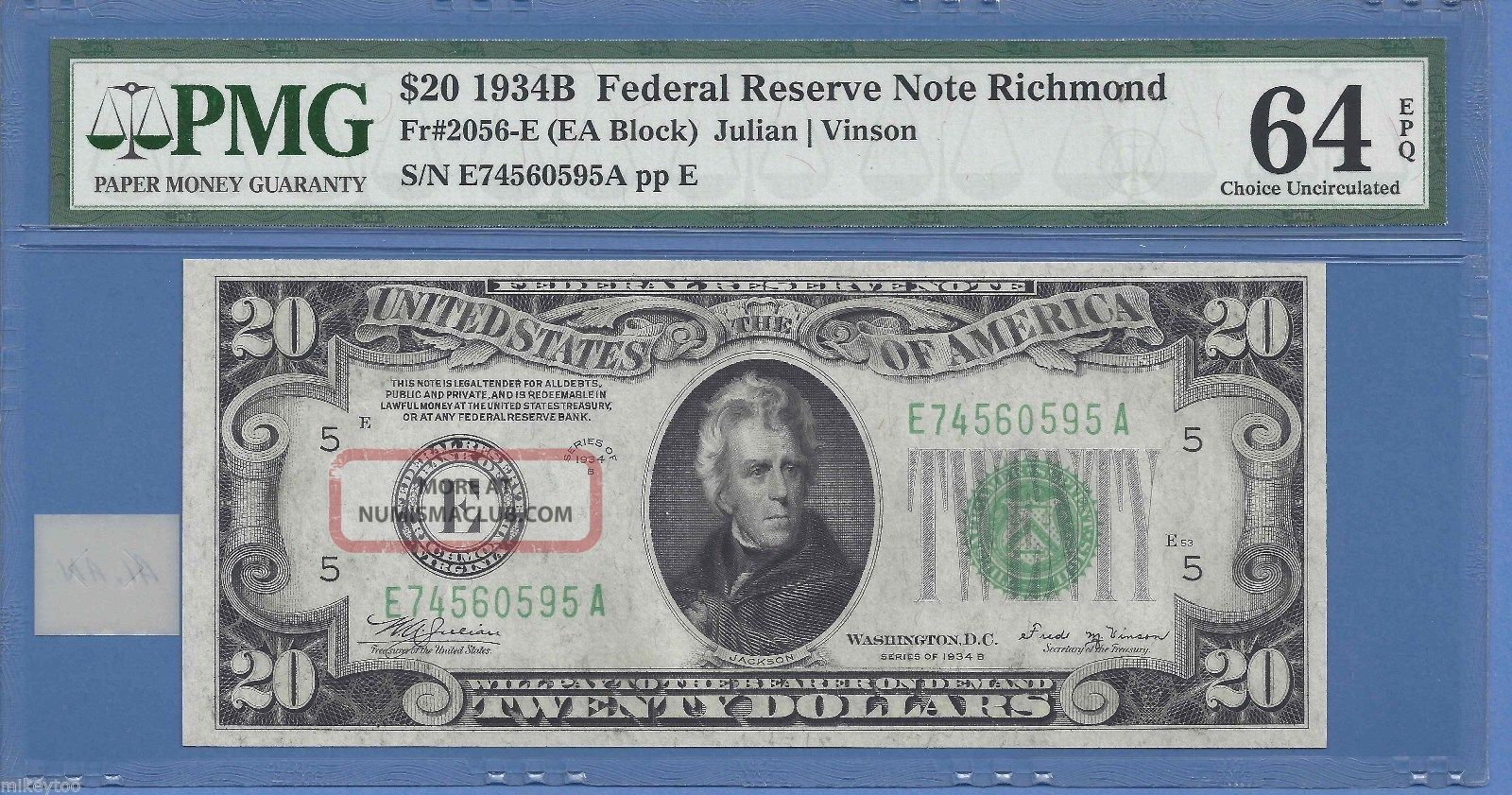 1934 - B $20 Federal Reserve Note Fr 2056 - E Choice Unc.  Pmg 64 Epq Small Size Notes photo