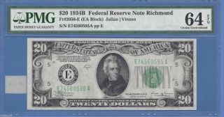 1934 - B $20 Federal Reserve Note Fr 2056 - E Choice Unc.  Pmg 64 Epq photo