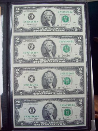 Unc 2003 Federal Reserve Chicago Sheet Of Four $2.  00 Bills photo