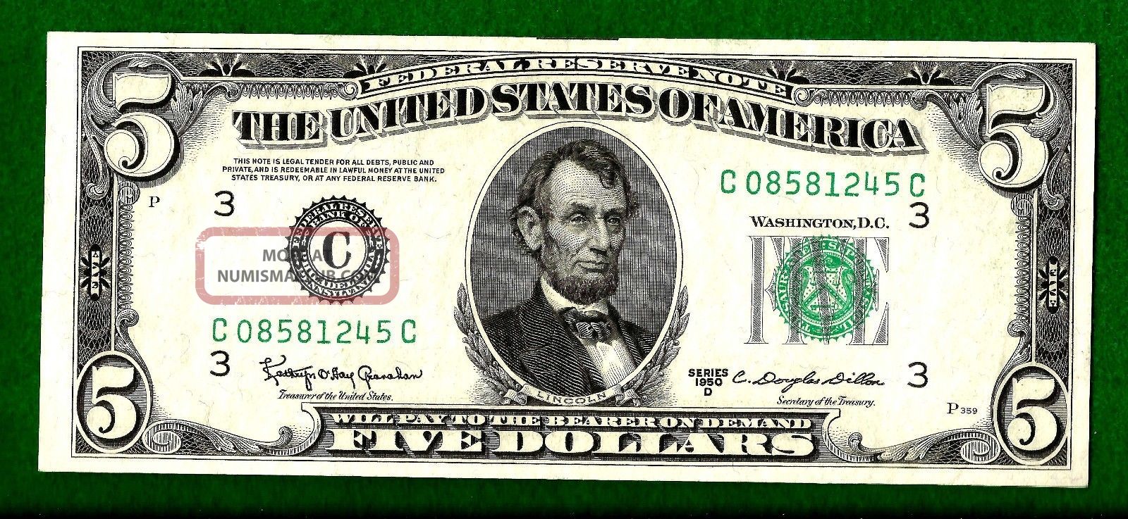 1950 D Uncirculated Federal Reserve Five Dollar Note Small Size Notes photo