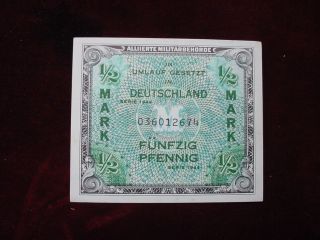 1944 Germany 1/2 Mark Allied Military Currency Scwpm 191a About Uncirculated photo
