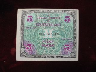 1944 Germany 5 Mark Allied Military Currency Scwpm 192a Ef - Au photo