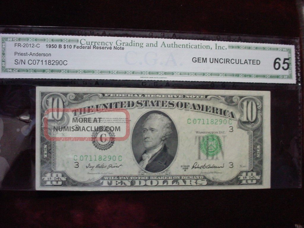 1950b $10 Frn,  Philadelphia Fr - 2012 - C Cga Gem Unc 65 Small Size Notes photo
