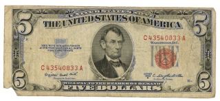 1953 B $5 Dollar Bill Note Red Seal Sn C43540833a photo