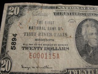 1929 The First National Bank Of Thief River Falls $20 5894 Sn E000115a Rare photo