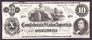 Us Csa $10 1862 Confederate Currency T - 46 Vf - Xf (- 010) photo