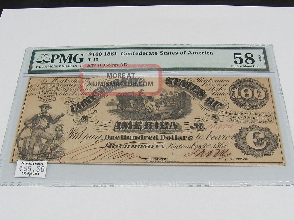 1861 100.  00 Confederate States Of America Bill Pmg 58 Choice About Unc Paper Money: US photo