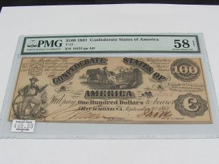 1861 100.  00 Confederate States Of America Bill Pmg 58 Choice About Unc photo
