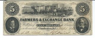 Obsolete Currency S.  Carolina/ Charleston Farmers Bank $5 1861 Issued Vf 924 photo