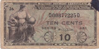 U.  S.  Military Payment Certificate,  Series 481,  10 Cents,  1951 - 1954 Issue photo