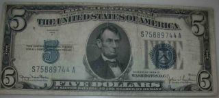 1934 D 5 Dollar Bill (blue Seal) Silver Certificate Insurance photo