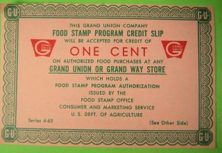 Food Stamps Credit Slip Issued By Grand Union Or Way Store 1,  5,  10 Cents photo
