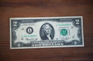 Us Two Dollar Green Seal Note 1976 Currency Bill L14104690a photo
