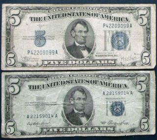 One 1934c $5 & One 1953 $5 Blue Seal Silver Certificate (a22159014a) photo