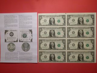 99 66 0851 Uncut Sheet 8 X $1 Us Dollar Uncirculated Legal Money Gift Bill Usa photo