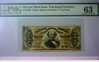 50 Cent Third Issue Fractional Currency,  Pmg - 63,  Fr 1333 Number 1 On Front photo