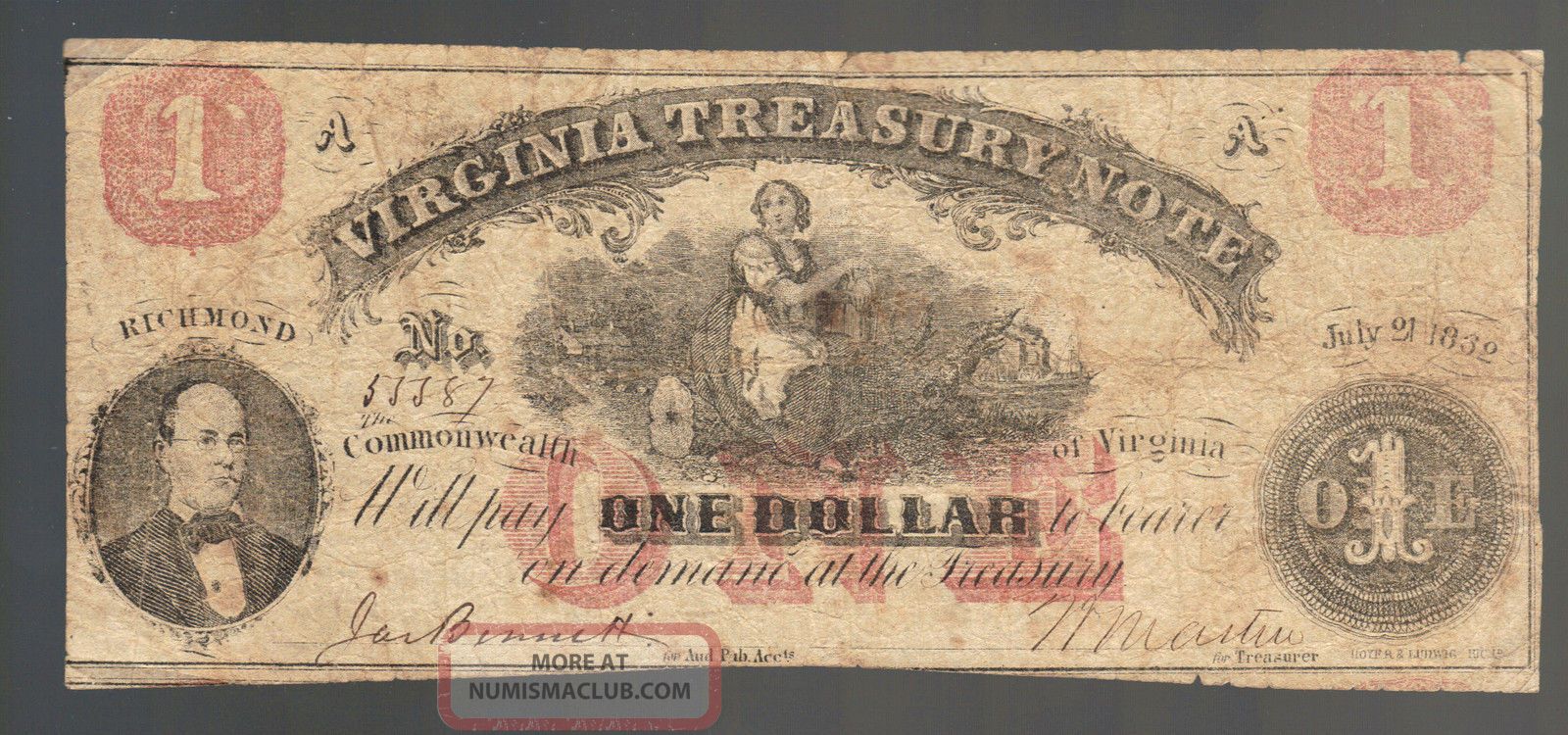 $1 Virginia Treasury Note 1862 Csa Richmond Va Bennett Large Obsolete Paper Note Paper Money: US photo