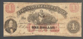 $1 Virginia Treasury Note 1862 Csa Richmond Va Bennett Large Obsolete Paper Note photo