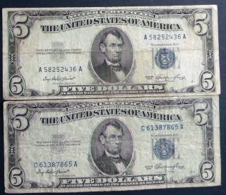 Two 1953 $5 Blue Seal Silver Certificates (c61387865a) photo