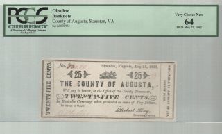 Civil War Era 1862 Augusta County,  Virginia 25 Cent Note Pcgs Graded & Certified photo