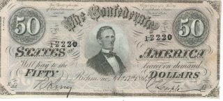 Csa 1864 Confederate Currency T66 $50 Bank Note Unc Plate Xa Pink Color 12220 photo