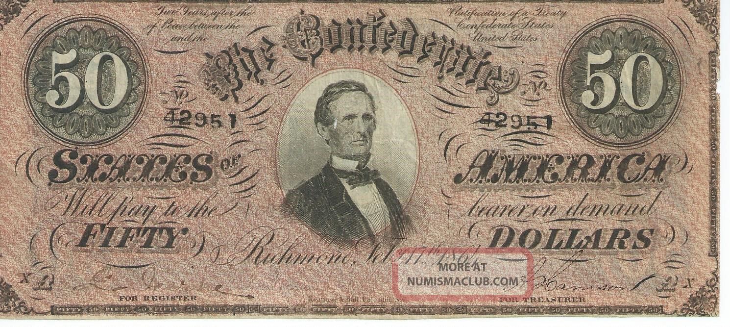 Csa 1864 Confederate Currency T66 $50 Bank Note Vf Plate Xa Red Color 42951 Paper Money: US photo