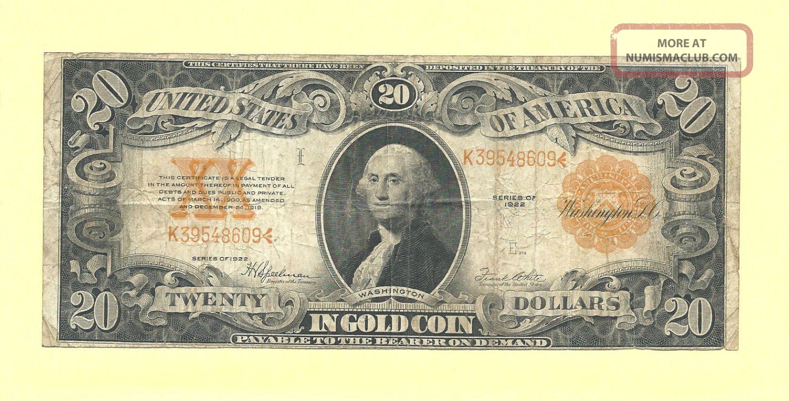 1922 $20 Gold Certificate Fr 1187 Classic Gold Certificate Very Fine Large Size Notes photo