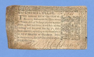 1774 One Third Dollar Annapolis Maryland Colonial Currency Sharp History photo