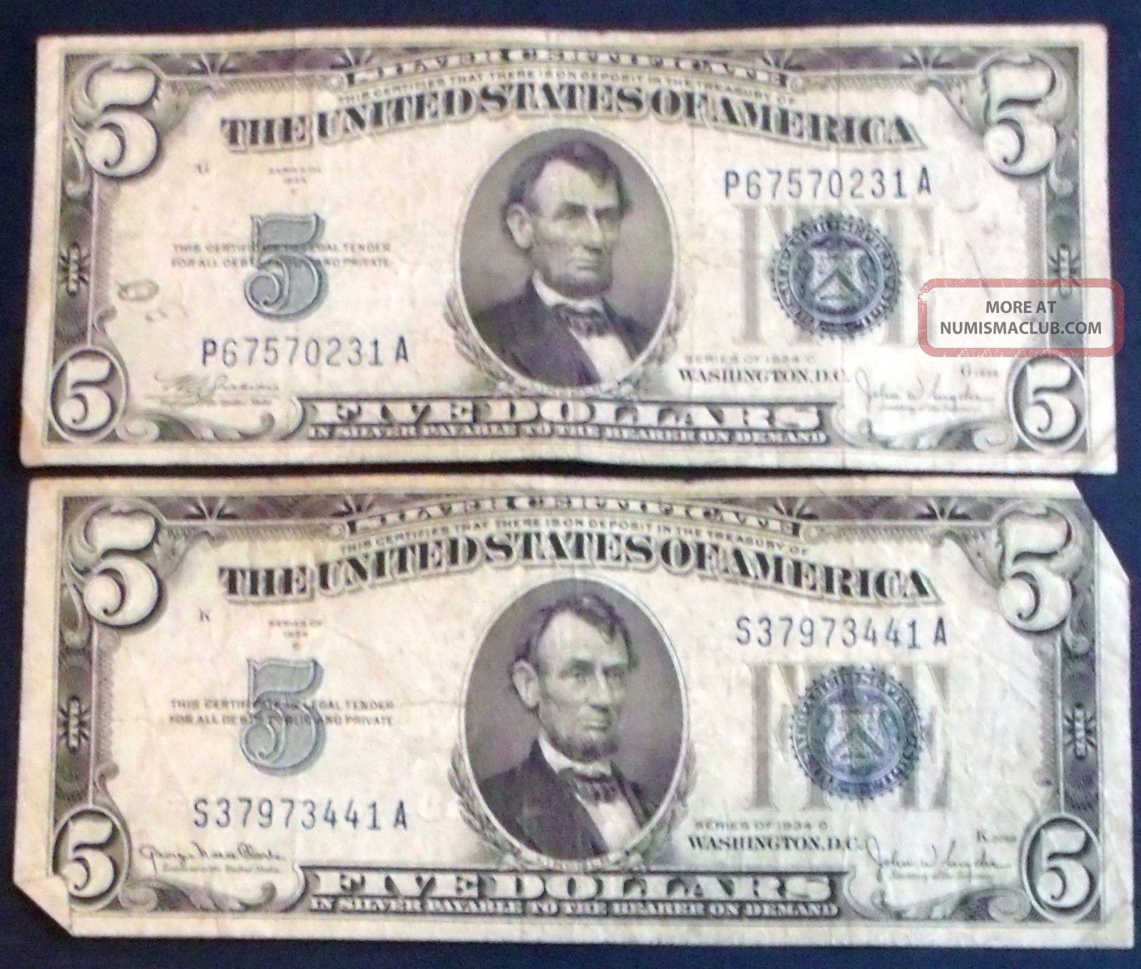 One 1934d $5 One 1934c $5 Blue Seal Silver Certificates (s37973441a)