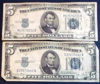 One 1934d $5 & One 1934c $5 Blue Seal Silver Certificates (s37973441a) photo
