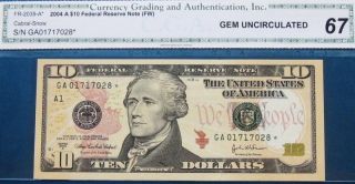 2004 A $10 Fed Reserve Note Cga Gem Unc 67 Fr 2039 - A photo