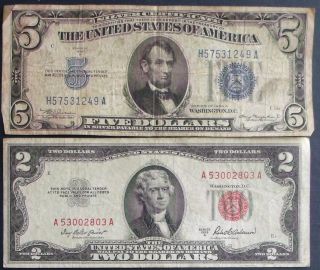 One 1934a $5 Silver Certificate & One 1953a $2 United States Note (a53002803a) photo