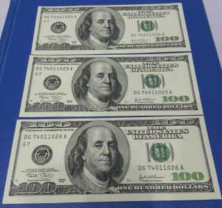 Us Real $100 Bills 2003 Federal Reserve Note 3 Unfolded Usa Paper Money $$$ photo