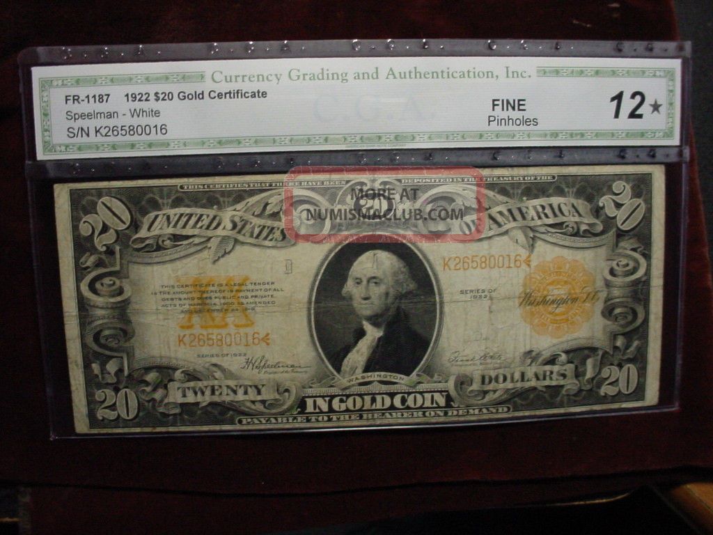 1922 $20 Gold Certifcate Fr - 1187 Cga Fine 12 Large Size Notes photo