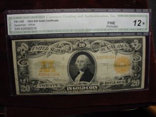 1922 $20 Gold Certifcate Fr - 1187 Cga Fine 12 photo