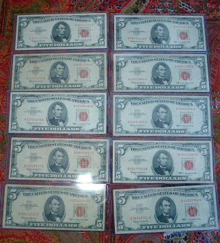 1963 Red Seal Five Dollar United States Note Paper Money Currency (10 Total) photo
