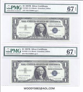 2 Consec 1957b Silver Certificate Fr - 1621 V - A Block Pmg 67 Sup - Gem - Unc 3508 - 3509 photo