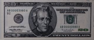 Low Numbered Uncirculated $20 Note 1996 Series 1st Issued 1998 Ab00003980a photo