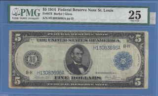 1914 $5 Federal Reserve Note Fr 873 - Very Fine Pmg 25 photo