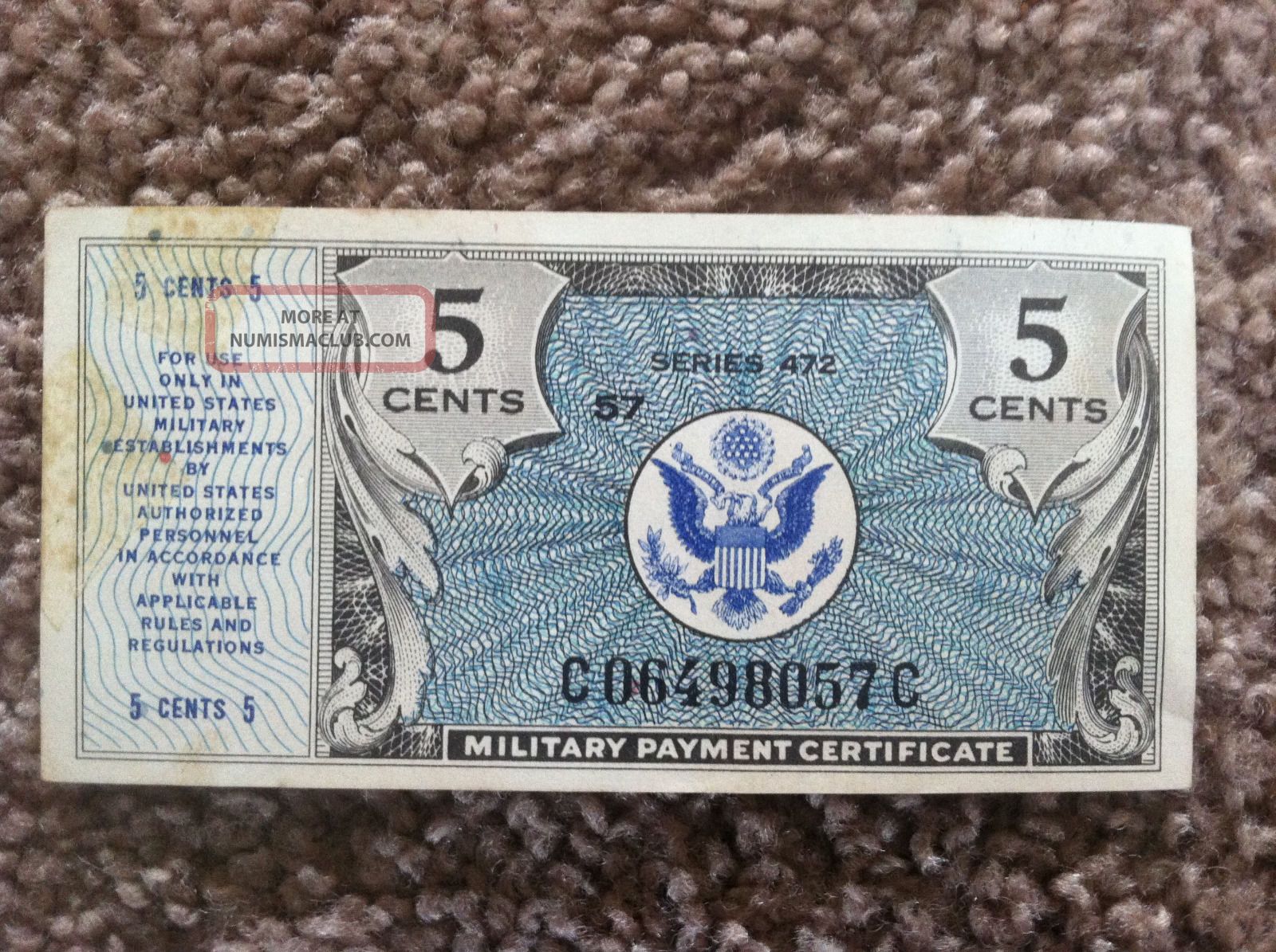 Us Military Payment 5 Cents Series 472 Note