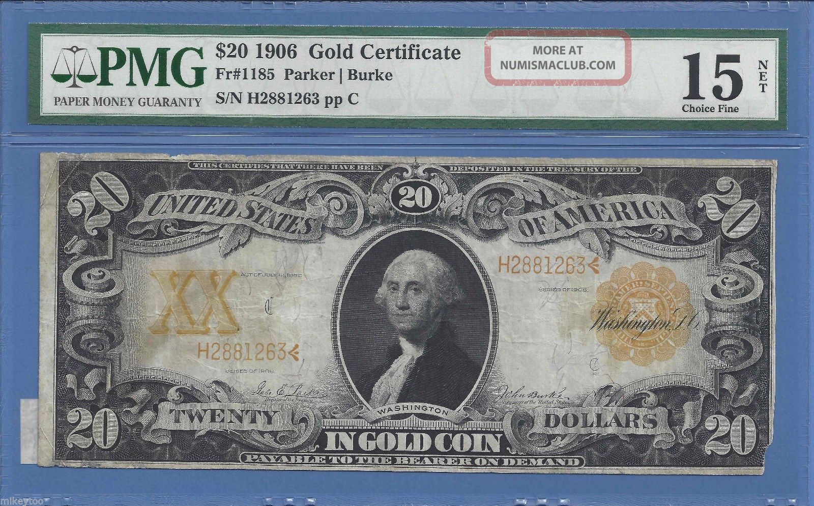 1906 $20 Gold Certificate Fr 1185 - Choice Fine Pmg 15 Net Large Size Notes photo