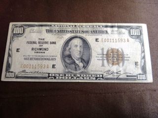 Series Of 1929 National Currency Richmond Virginia $100 Note S&h Usa photo