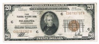 U.  S.  1929 $20 National Currency Brown Frb Philadelphia photo