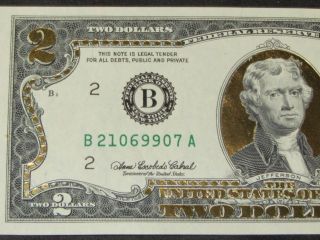 Gold Leaf Colorized $2 Bill $2 Dollar Bill Currency Gift Money photo