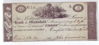 Mansfield,  Oh - The Richland & Huron Bank Of Mansfield $3 - Dec.  1816 photo