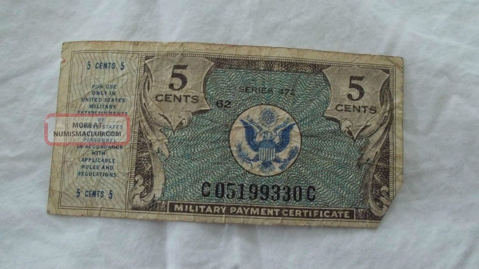 1948 51 5 Cent Series 472 Replacement Military Payment Certificate
