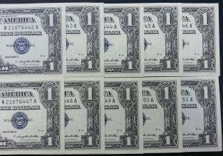 10 Consecutive Sequential 1957b One Dollar $1 Bill Blue Seal Note Unc Crisp Gems photo