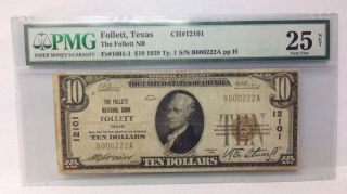 Rare 1929 $10 Follett Tx - Ch 12101 - National Bank - Low Serial - Pmg Vf 25 photo
